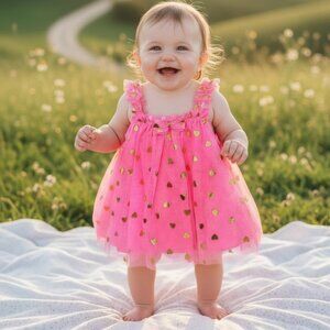 Baby Starters Pink Gold Heart Tulle Dress w/ Bow 6M NWT